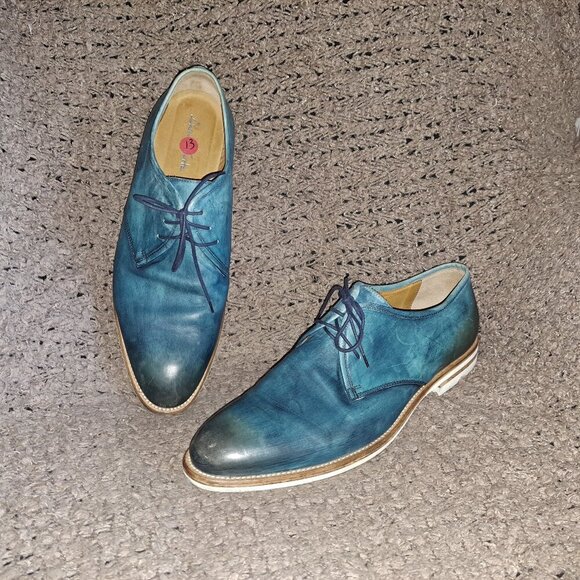 LUCA DEL FORTE-Distressed Teal/Green/Blue Leather Lace-Up Derby-Sz 13-Excellent - Picture 1 of 8